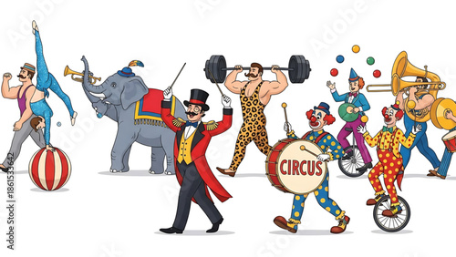 A colorful illustration of various circus performers in action together