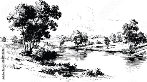 Scenic River Drawing with Trees in Background