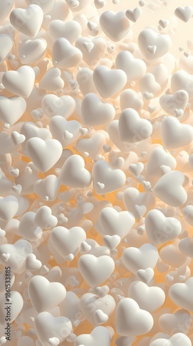 Close-up of numerous soft white 3D hearts together on warm background