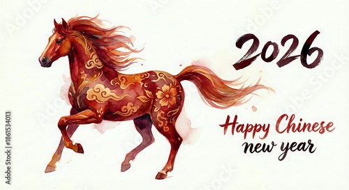 Watercolor Illustration of Running Horse for 2026 Chinese New Year Card