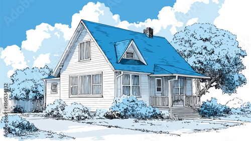 Modern House with Blue Roof and Clear Blue Sky Vector Illustration