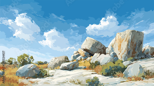 Serene Landscape Painting with Rocks and Blue Sky Vector Art