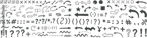 Big set of hand drawn arrows, doodle stars, and punctuation marks. Sketchy black marker symbols and scribble design elements kit