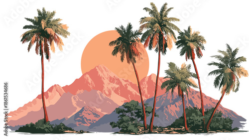 Tropical Sunset Landscape with Palm Trees and Mountains in Background