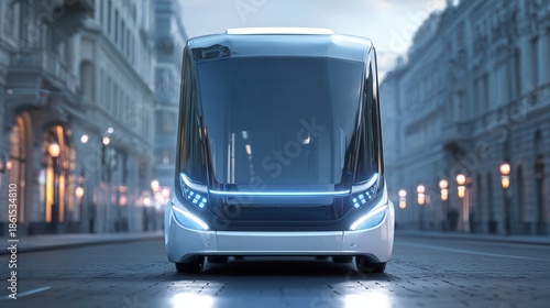 Front view of a modern electric autonomous bus with LED headlights