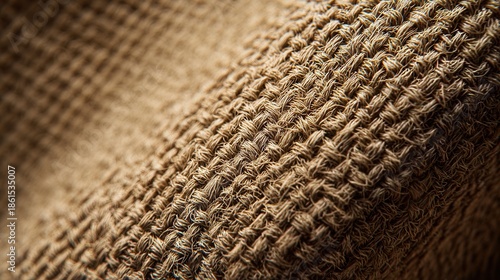 Macro close-up of natural linen fabric showing detailed woven texture and organic textile fibers, warm natural lighting, ultra-realistic textile details, soft shadows highlighting fibers