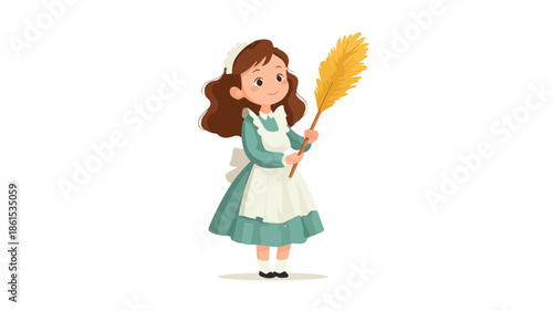Cute Maid Holding Feather Duster Cartoon Vector Illustration