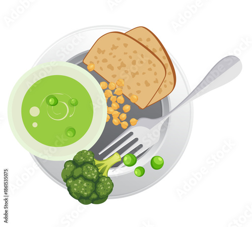 Fresh Green Peas Creamy Soup and Bread - Healthy Eat - Stock Illustration