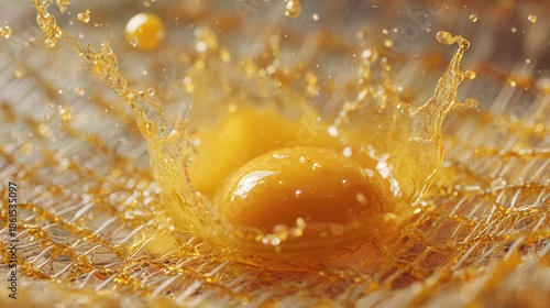 Macro shot of fresh egg yolk splashing through transparent mesh, vibrant golden liquid in motion, high-speed photography, ultra-detailed texture, dynamic droplets and motion blur