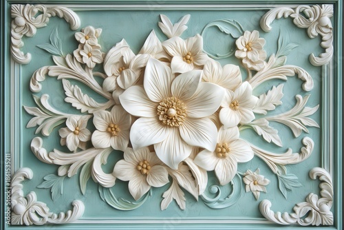 Ornate floral bas-relief panel features dimensional white blossoms against a muted blue background