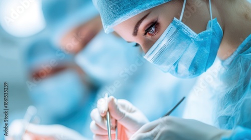 Surgeons in sterile masks and medical caps performing a precise surgical procedure using fine tweezers, realistic human doctors, focused expressions visible in their eyes, bright clean operating room