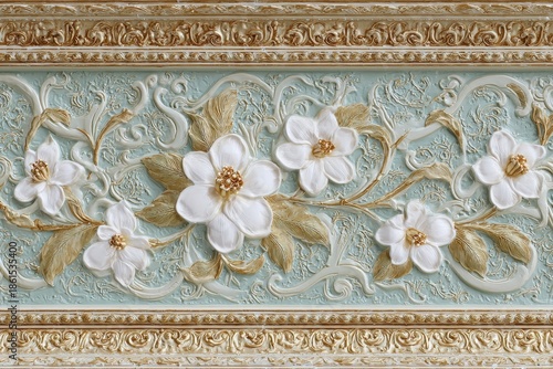 Elaborate three dimensional floral molding presents classic decorative border design