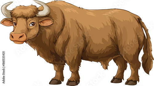 Adorable Cartoon Bull on White Background with Outline - Vector Illustration