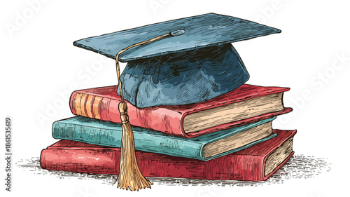 Education Graduation Cap Books Sticker Vector Illustration