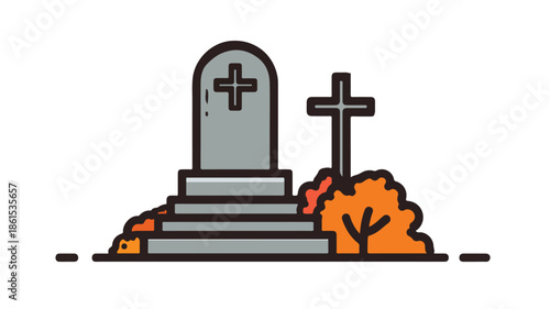 Grave Flat Vector Icon with Outline Isolated on White Background