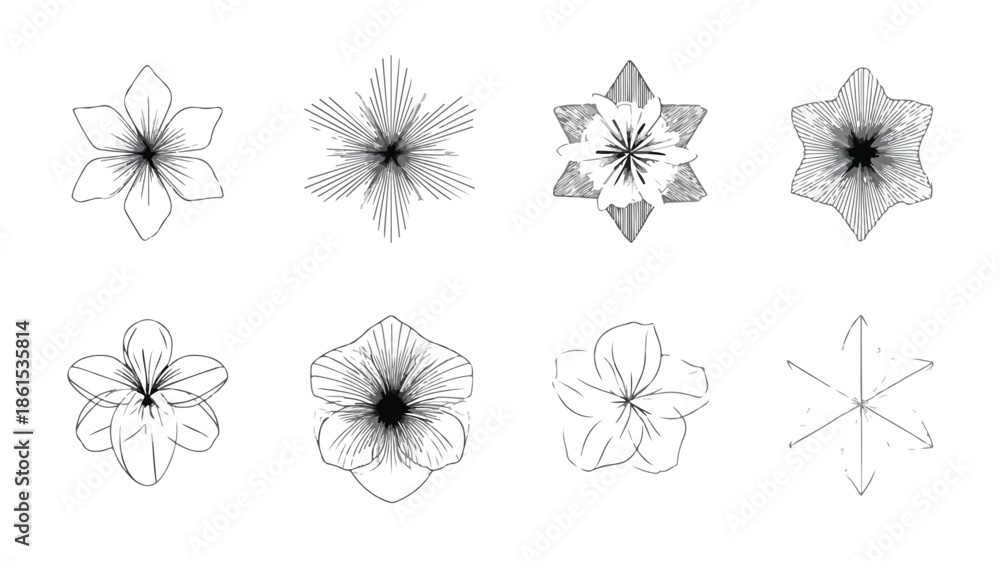Obraz premium Elegant Geometric Flower Icons in Line Art Vector with Outline for Design Projects