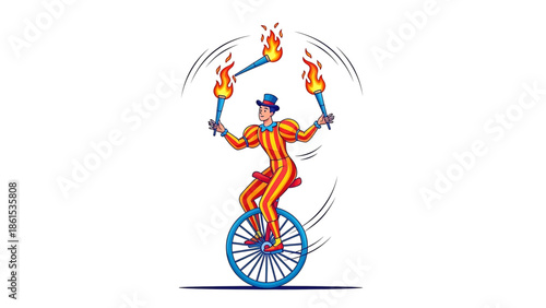 A cartoon performer rides a unicycle while juggling flaming torches in a daring circus act