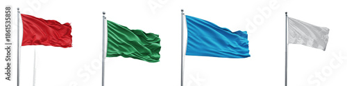 waving flag collection, red green blue white flags on silver poles, national symbols, signal banners, country fabric, isolated on white background, png