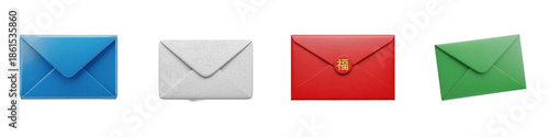 3d email icons, mail envelope set, colored paper letters, red wax seal, blue green white correspondence, digital message symbols, isolated on white background, png