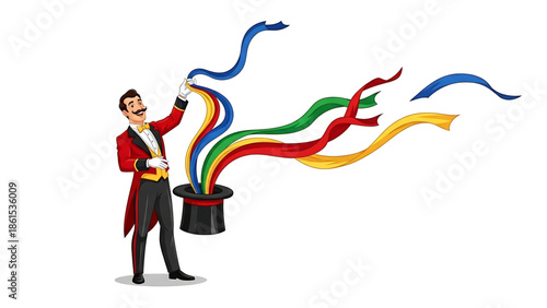A cartoon magician pulling colorful ribbons out of his top hat in a playful magic trick