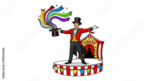 A cartoon magician standing on a colorful stage with a circus tent behind him
