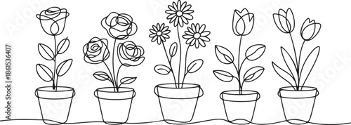 Set of continuous one line drawing of a flowers in a pots. Beautiful flowers isolated on a white background. one line Art icon drawing
