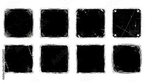 Collection of eight black squares with distressed edges