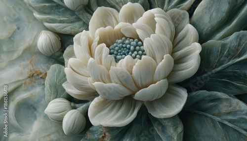 Intricate carving depicts a fully bloomed flower surrounded by foliage rendered in pale stone