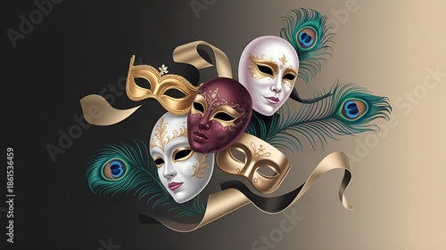 Masks and peacock feathers in a creative composition.