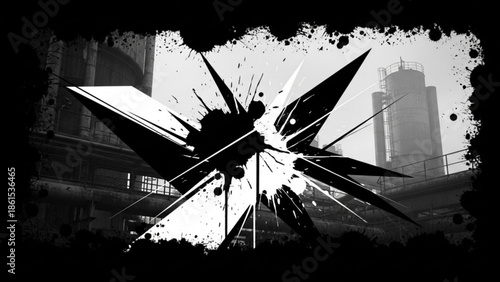 A black and white illustration of a stylized explosion in an urban setting with a cityscape background