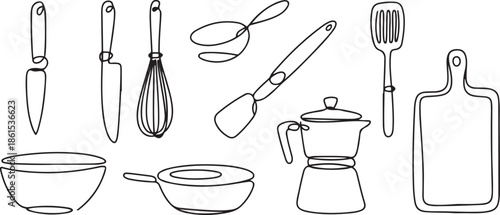 Set of continuous one line drawing of a kitchen elements. Cooking elements isolated on a white background. one line Art icon drawing