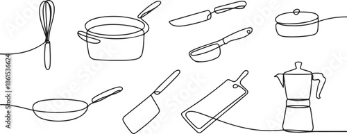 Set of continuous one line drawing of a kitchen elements. Cooking elements isolated on a white background. one line Art icon drawing