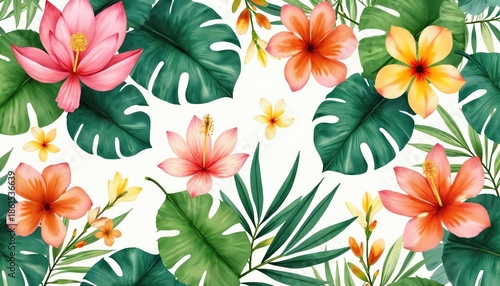 Pattern of tropical flowers like hibiscus and lotus with monstera leaves. Vibrant botanical artwork with rich green foliage and colorful blossoms, perfect for summer decor.