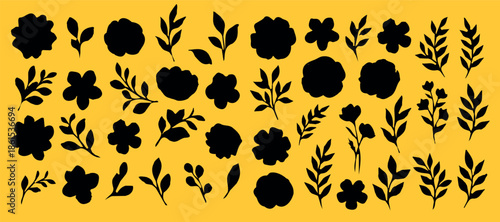 Floral and Leaf Silhouette Grid on Yellow Background Design