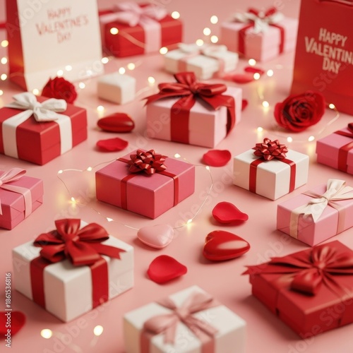 Assortment of valentines day gift boxes with roses and heart decorations on pink background