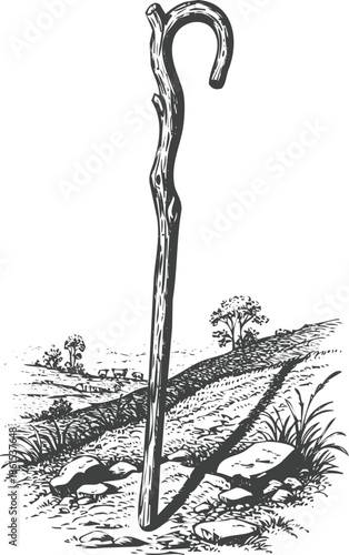 Antique walking stick engraving art transparent and eps