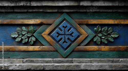A wooden wall with an emblem carved in blue and green wood, depicting the symbol of the cross of the Christian church, with leaves on each side. The background is of dark gray stone bricks.
