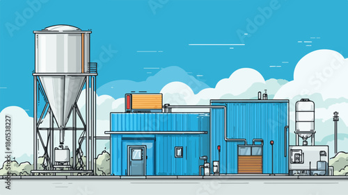 Industrial Factory with Water Tank Against Blue Sky Background