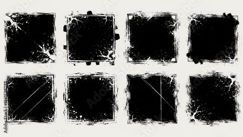 Collection of eight black squares with white grunge textures and borders