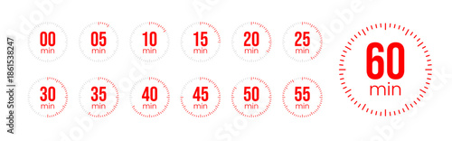 Red 60 Minute Timer Icon Set. Circular Countdown Clock Vector, 60 Min Time Tracker Graphics. Stopwatches in circle shape. Round timer with different minutes. Countdown timer set. Vector illustration.