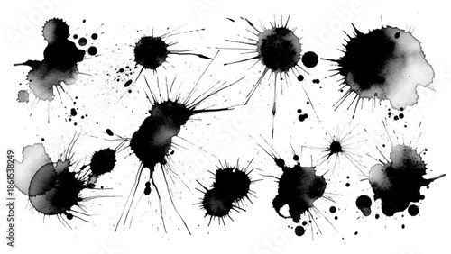 Black ink splatters and drops on for creative design