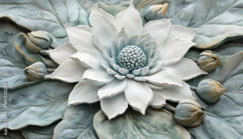 Intricate three dimensional floral artwork depicts a central white bloom surrounded by closed buds upon textured foliage