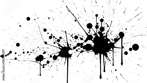 Black ink splatters and paint drops on a creating a dynamic design