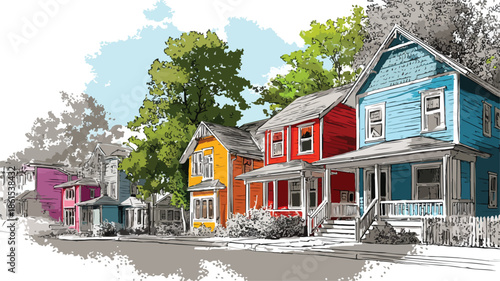 Vibrant Painting of Colorful Houses in Suburban Neighborhood