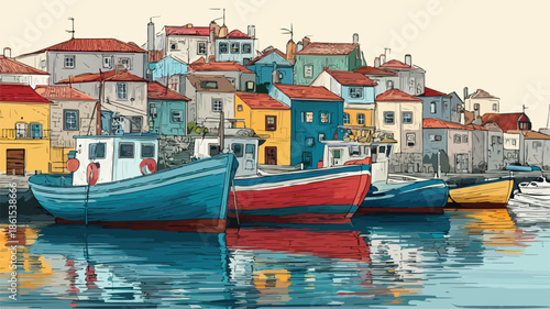 Serene Painting of Boats in Harbor with Charming Houses in Background