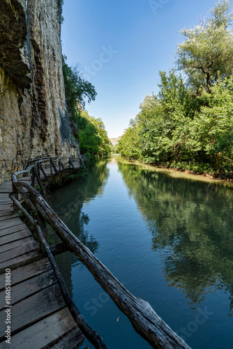 Wooden Walkway Along Limestone Cliffs of Rusenski Lom River