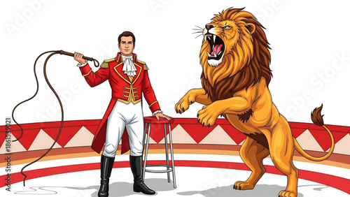 A cartoon lion tamer standing bravely next to a roaring lion in a circus ring