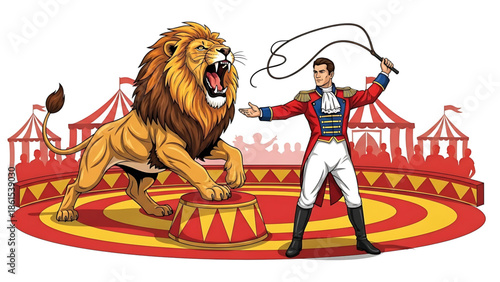 A cartoon lion and a lion tamer in a circus ring with a red and yellow tent