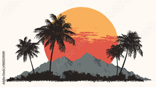 Tropical Sunset Landscape with Palm Trees and Mountains in Background