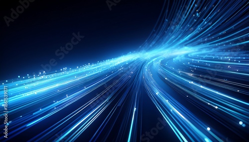 futuristic technology concept with glowing blue diagonal lines representing data transfer through fiber optic cables on a dark background